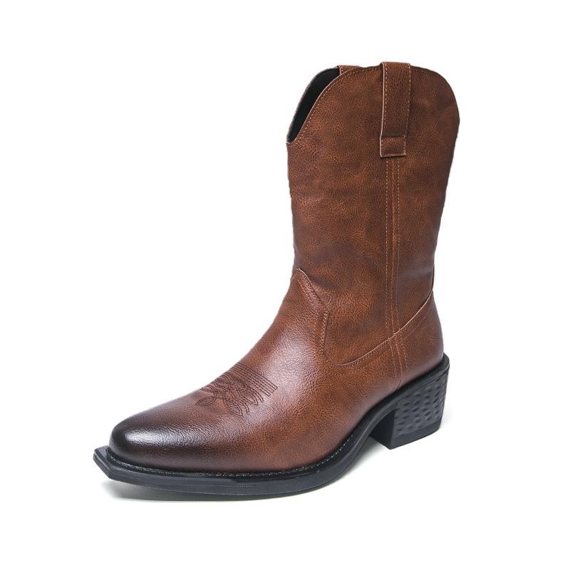 Men’s Mid-Calf Martin Western Cowboy Boots - Breathable, Embroidered, High-Top Pull-On Riding Boots for Autumn and Winter