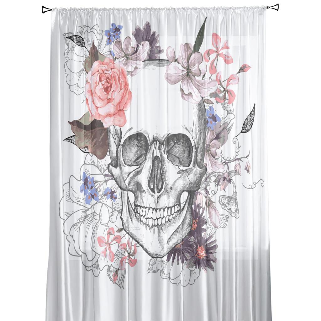 Skull Flower Pattern Tulle Curtains For Living Room Decoration Modern Chiffon Sheer Voile Kitchen Curtain