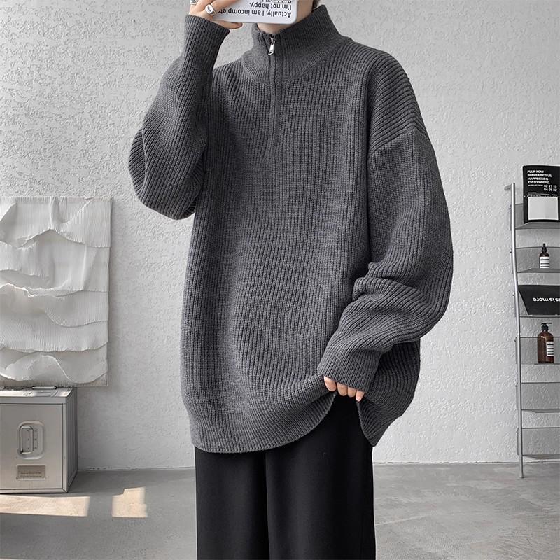 Men s Trendy Loose Grey Half-Zip Sweater - Autumn/Winter Stand Collar Knitwear Jacket Medium