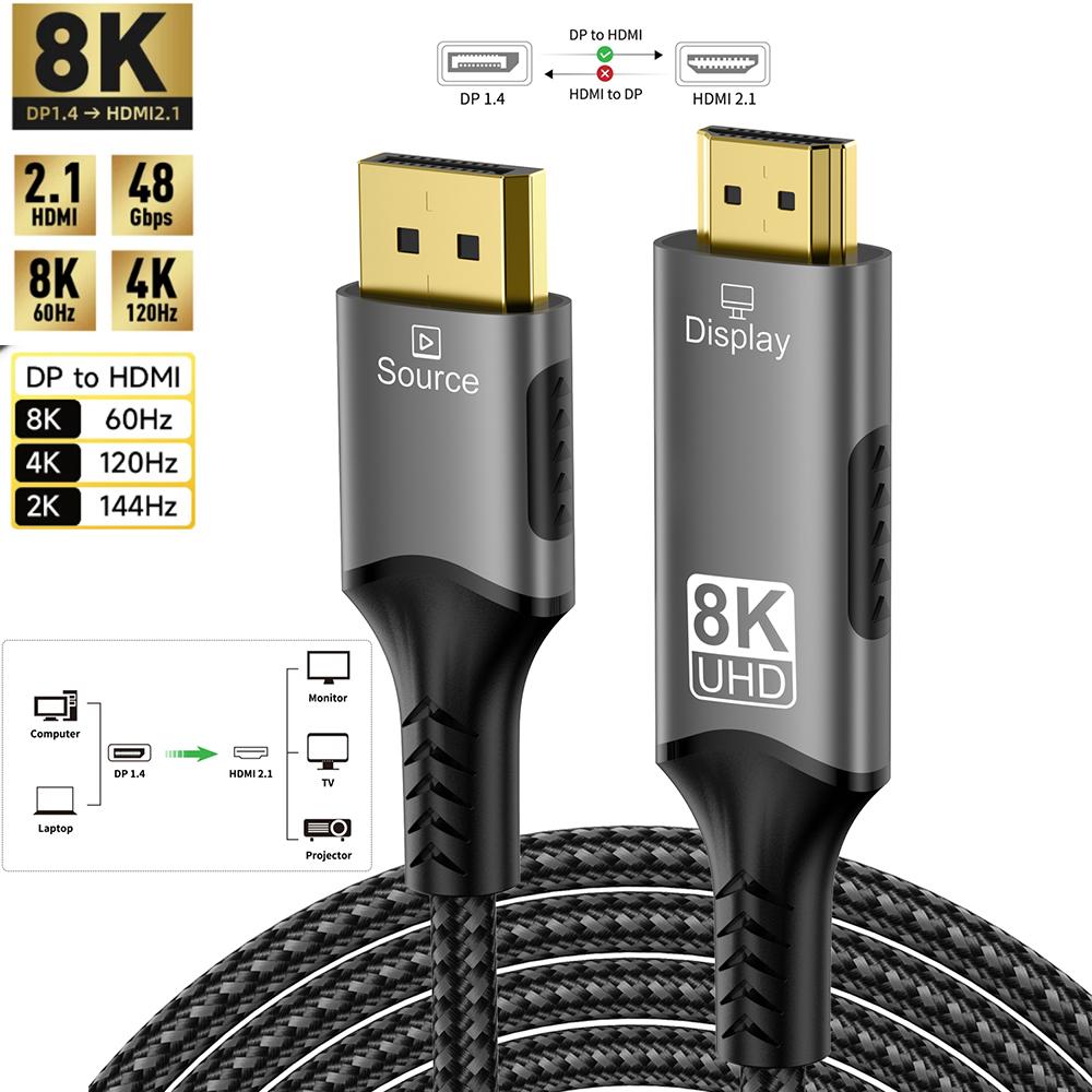 

Совместимый кабель DisplayPort - HDMI, преобразователь DP1.4 в HDMI 2.1 8K при 60 Гц 4K при 120 Гц HDR для настольного компьютера, ноутбука, ПК, телевизора, монитора, проектора 1M
