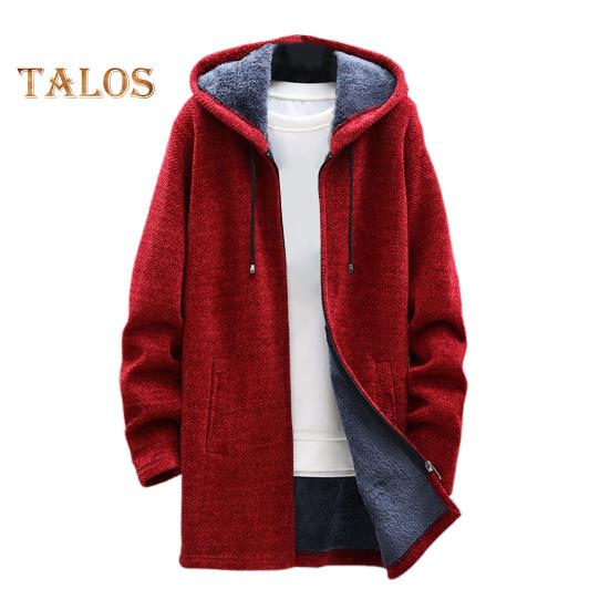 

Мужское зимнее пальто с капюшоном, длинными рукавами, плюшевой подкладкой, трикотажное пальто средней длины, застежка-молния, утолщенный трикотаж L вино красного