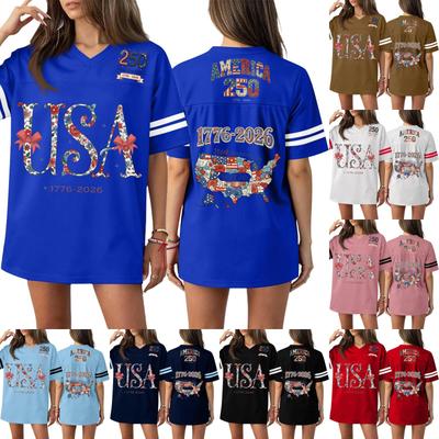 Women's Casual Fashion V-Neck Sports Independence Day Print Short Sleeve Sports T-Shirt Top