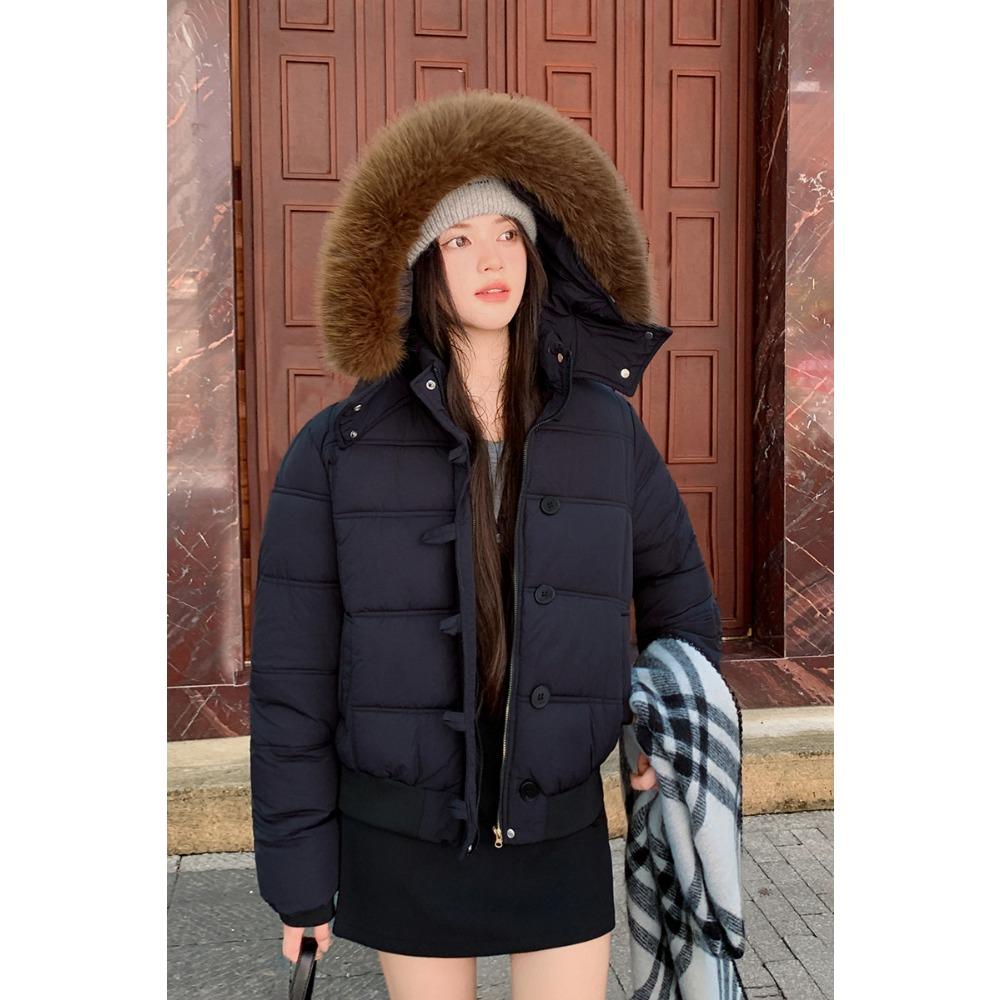 Winter big fur collar hooded short down cotton-padded jacket for women 2025 explosion, advanced sense, thin and warm small cotton-padded jacket