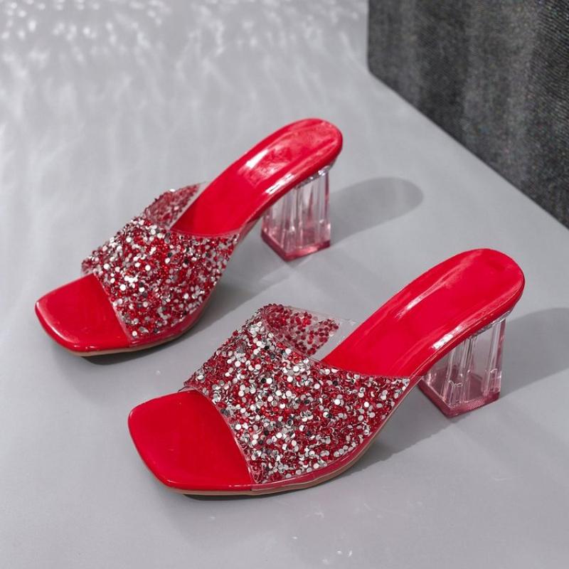 Mode Kristall Lyx Höga Klackar Skor Kvinnor Sandaler Fyrkantig Tå Tofflor Sommar 2025 Sexiga Chunky Strandskor Flip Flops Slides Mujer