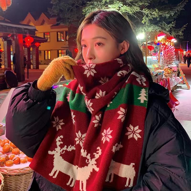 Christmas Elk Big Scarf Women's Autumn and Winter Versatile Cute Girl Heart Long Knitted Wool Scarf Winter Warm