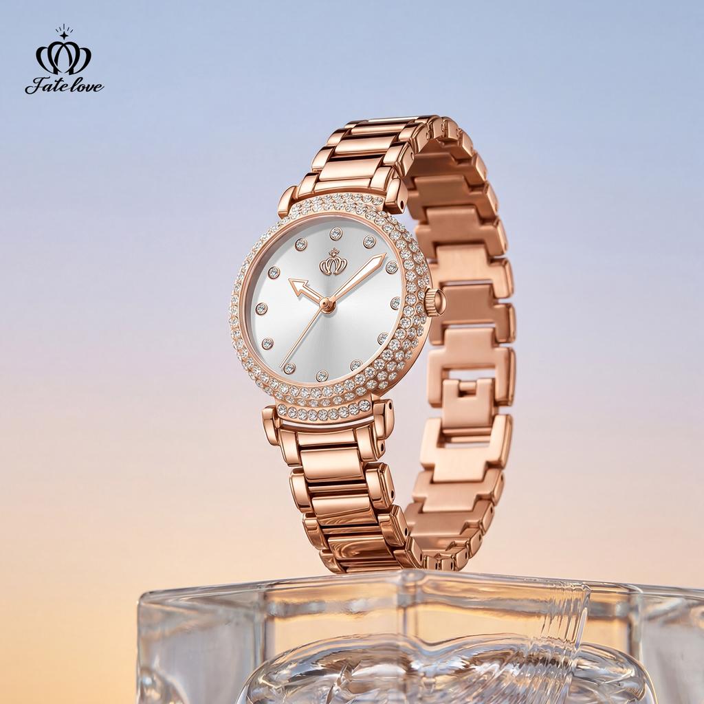 Fatelove 927 Original Quartz Watches for Women Fashion Steel Strap Luminous Waterproof Diamond Bezel Elegant Ladies Wristwatches