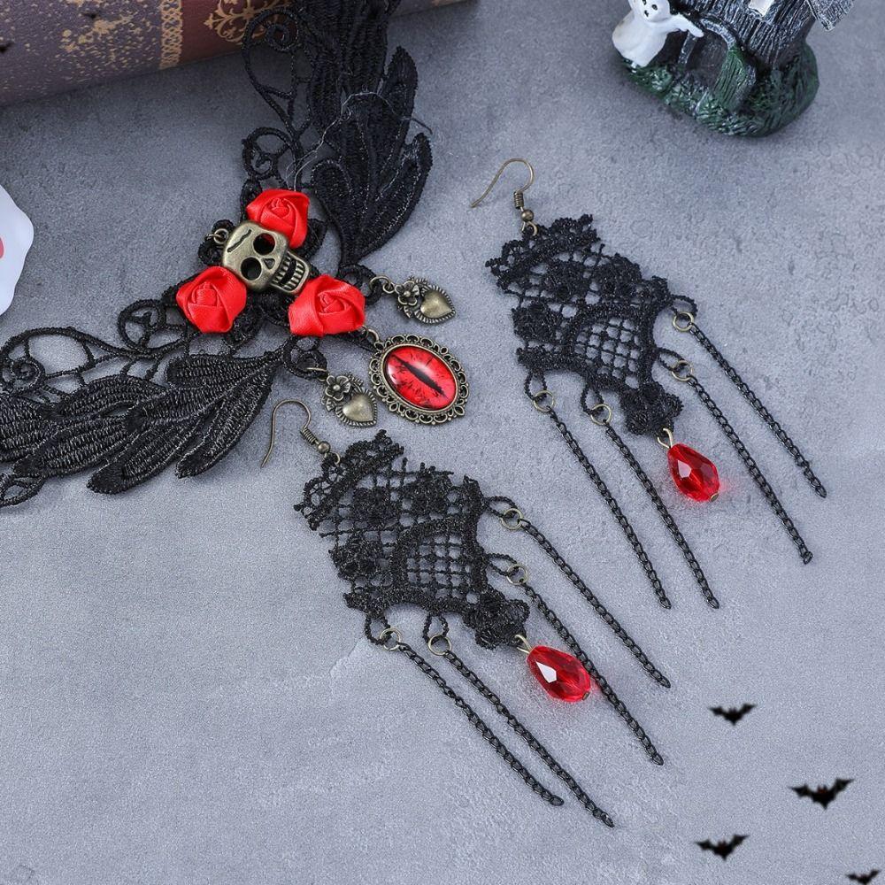 Exaggerated Halloween Necklace Punk Style Gothic Earrings Cool Lace Flower Jewelry Set  Festival