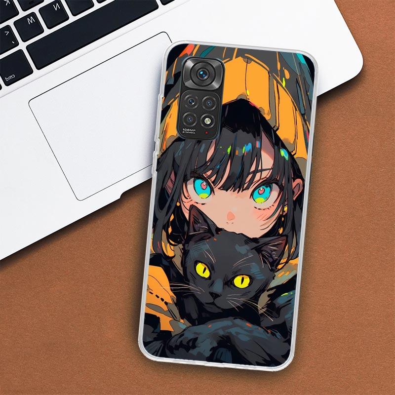 Anime Girls Cute Black Cat Phone Case For Xiaomi Redmi Note 12 12S 11 11S 10 10S 9 9S 11T 11E Pro Plus 8 8T 7 5 9T + Coque Cover