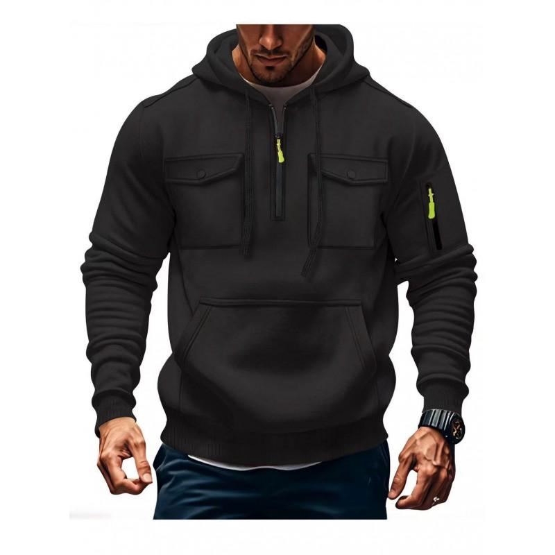 Mens Hooded Long Sleeve Pullover Sweatshirt With Multiple Pockets Zipper Front Casual Sporty Style