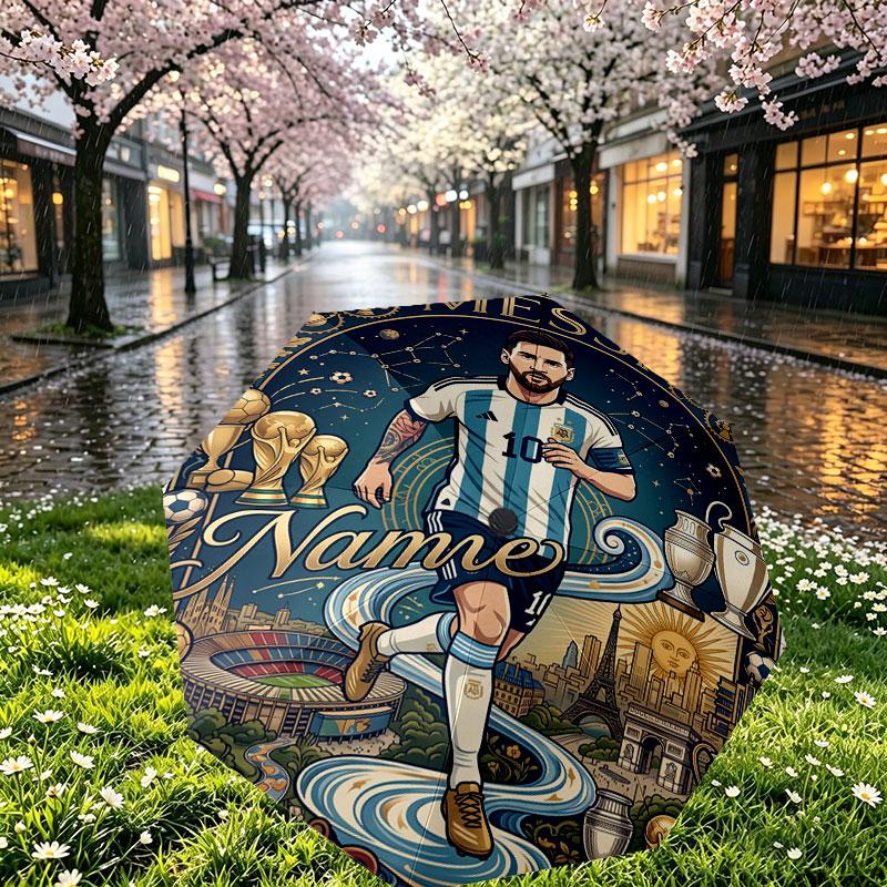 Custom Name Personalized Lionel Messi Print Umbrella, Auto Open Close, 8‑Rib Sturdy Frame, Commute Camping Hiking Use, Birthday Gift
