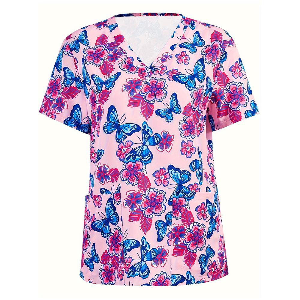 Blouses médicales pour femmes Mode Imprimé floral Tops d'infirmière saine Col en V Manches courtes Poches plaquées T-shirts Uniformes cliniques Femme