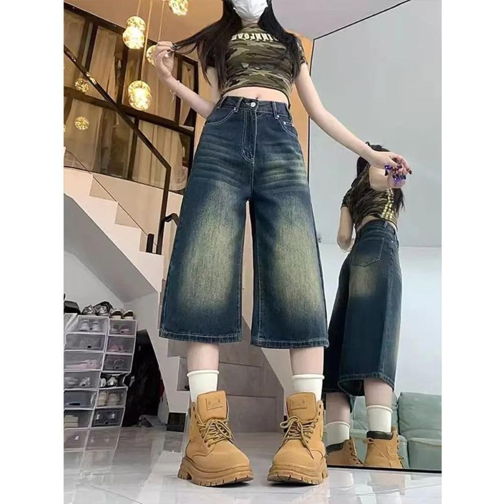 Women's High Waist Vintage Washed Wide Leg Bermuda Shorts Loose Straight Denim Capri Pants Streetwear Calf Length Trousers
