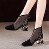 Neue Mesh-Sandalen-Stiefel für Damen aus Mesh, Stiefeletten für den Sommer, mittelhoher Absatz, Strasssteine, Spitzenzehenschuhe, ausgehöhlte Rückseite, Reißverschluss, schwarze Pumps