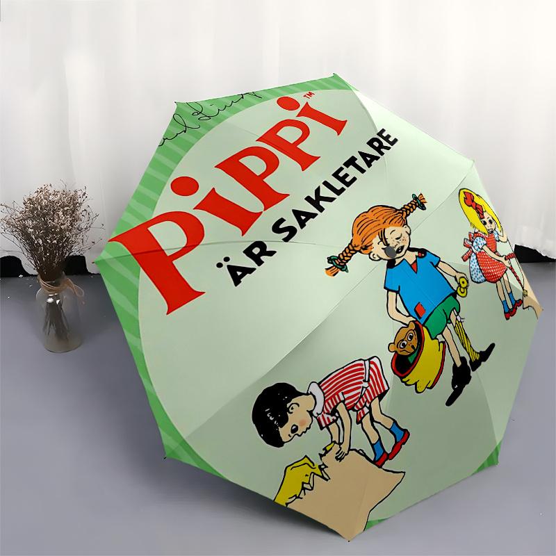 Pippi Langstrumpf Themen-ReiseregenSchirm - 8 Rippen, Automatisches Öffnen und Schließen, Tragbares FaltDesign, Kompakter und Stilvoller Schirm Geeignet