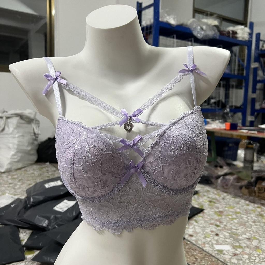 New Sexy Pure Desire To Wear Lace Underwear Women's Suit Cross-dew Belt Love Pendant Steel Ring Gathering Bra Cover