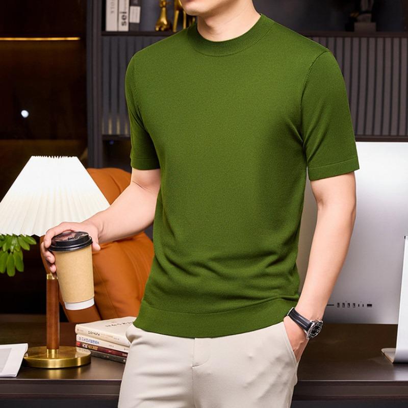 Men Solid Color Short Sleeve Crew Neck Fitted Casual Knit Bottoming Sweater
