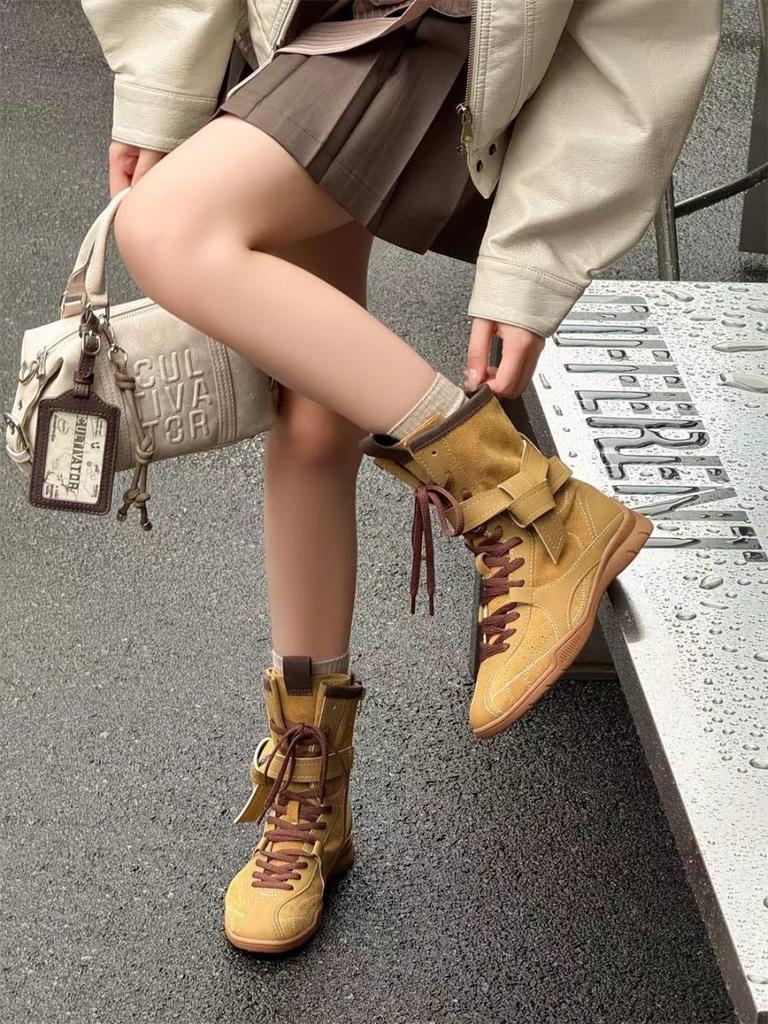 2025 new retro Martin boots women's brown boxing boots round head lace-up sports boots short boots foreign versatile Korean style