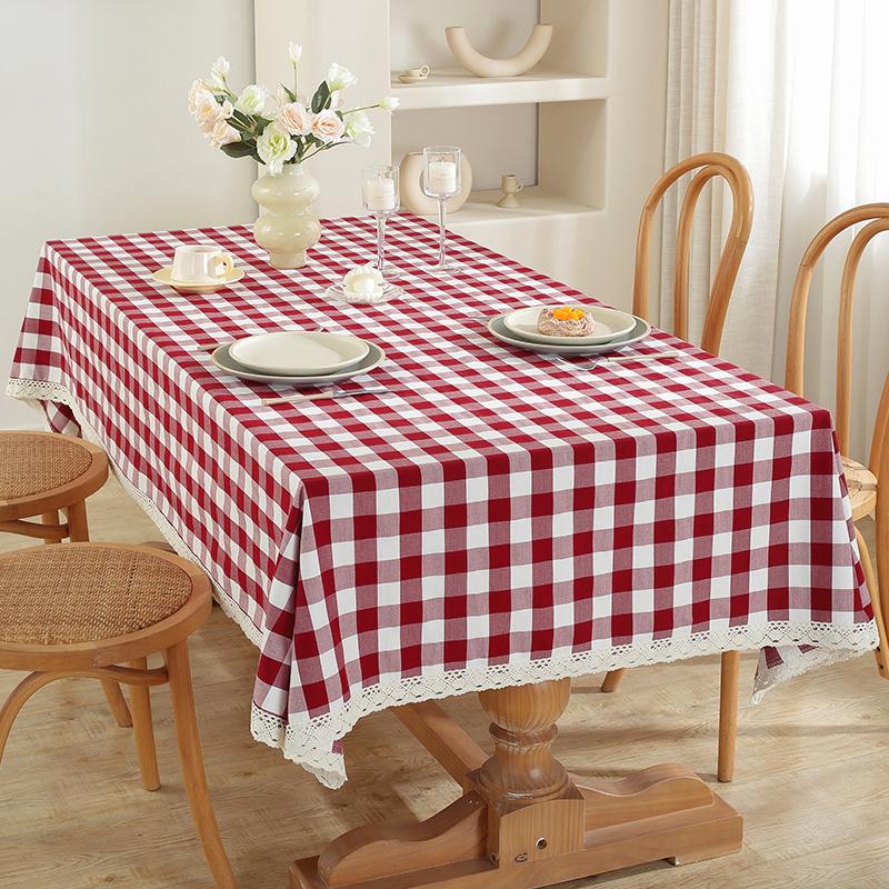 Thick Cotton Linen Check Tablecloth Lace Trim Tea Table Cover Kindergarten Table Cover 90*90cm