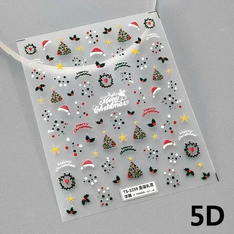 Gold Stamped White Christmas Tree Snowflake 3D Self Adhesive Nail Art Stickers Santa Claus Elk Xmas Cartoon Cute Manicure Decals