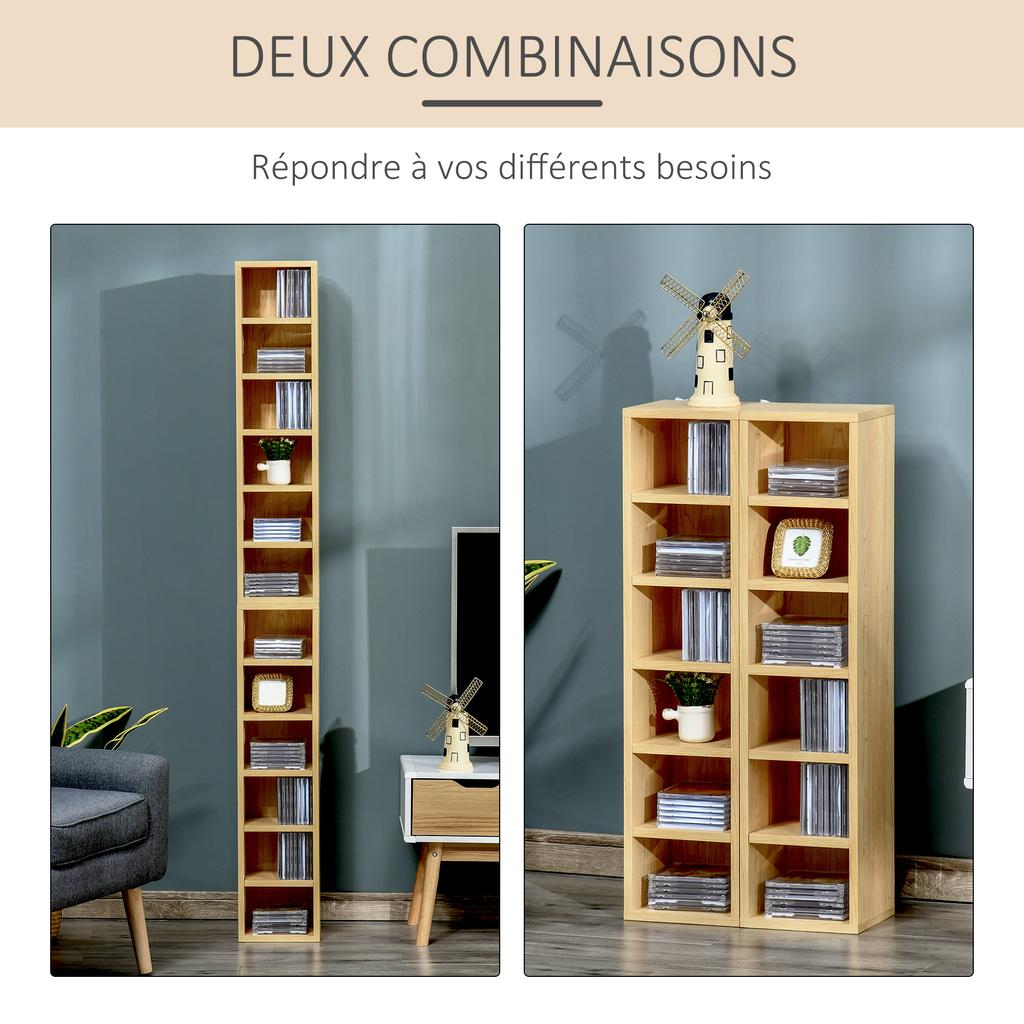Set di 2 Scaffali a Colonna Armadietto per CD-DVD 6 + 6 Scomparti Dim. 21L x 19P x 88A cm Max. Capacità 160 CD Colore Faggio