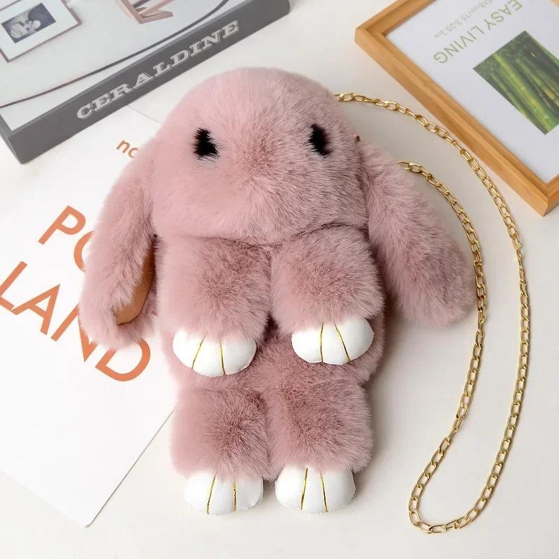 Niedliche flauschige Pompons aus Kaninchenfell Kettentasche Damen Cartoon Hase Umhängetasche Flauschiger Hase Schulterplüschrucksack Mädchen Geburtstagsgeschenke