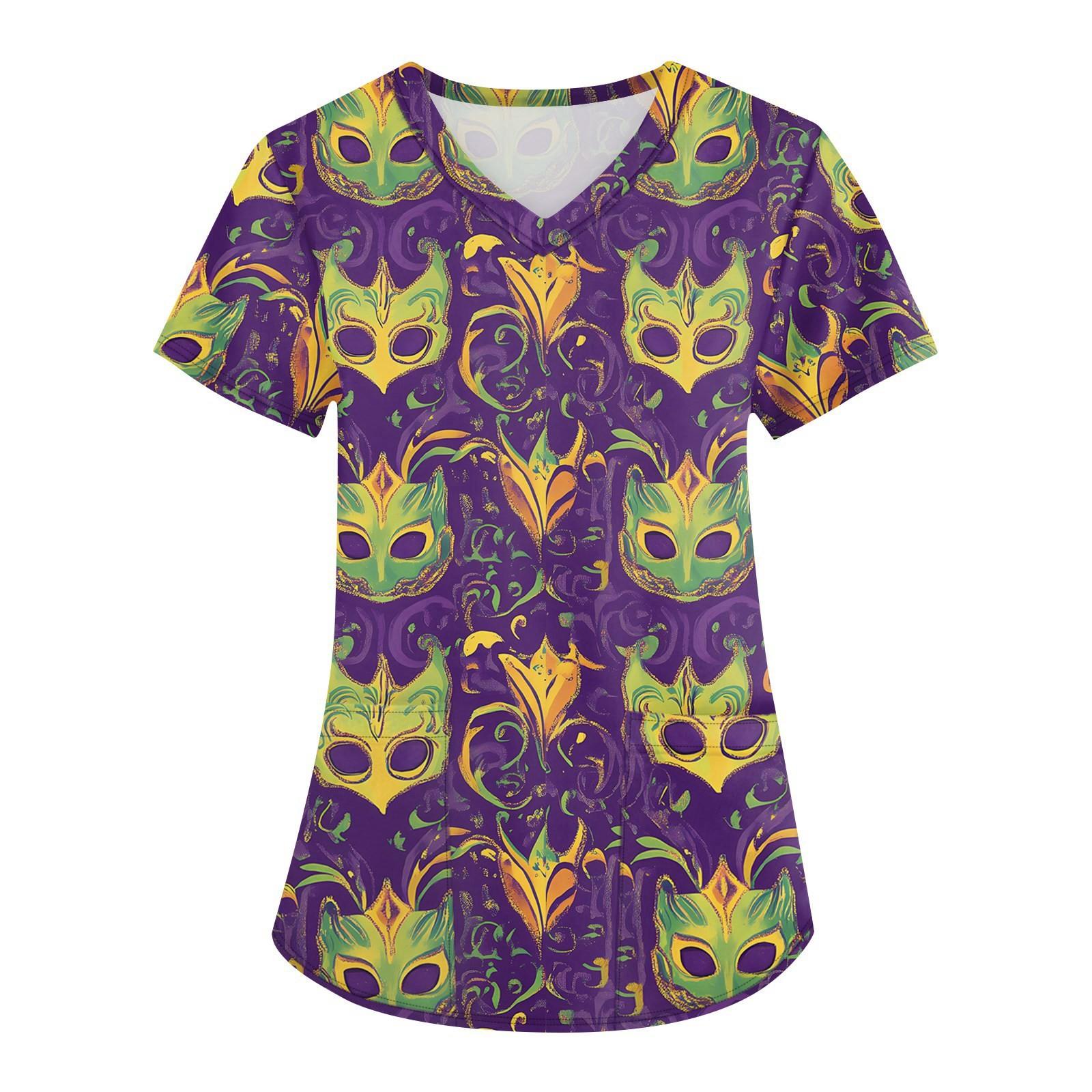 

Женская мода с v-образным вырезом, короткими рукавами и карманами, топы с принтом S фиолетовый