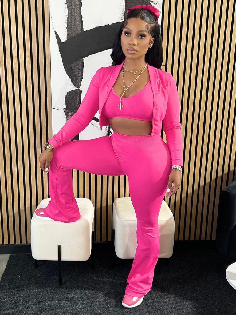 TW492 Stilvolles Dreiteiler-Set für Damen: Einfarbiges Sexy Cropped Lässiger Sportanzug