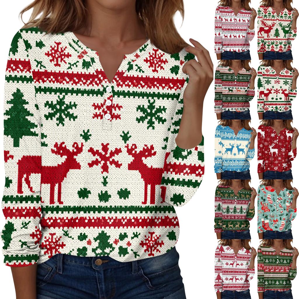 Women's Fashion Casual V-Neck Long Sleeve Decorative Button Christmas Print Top