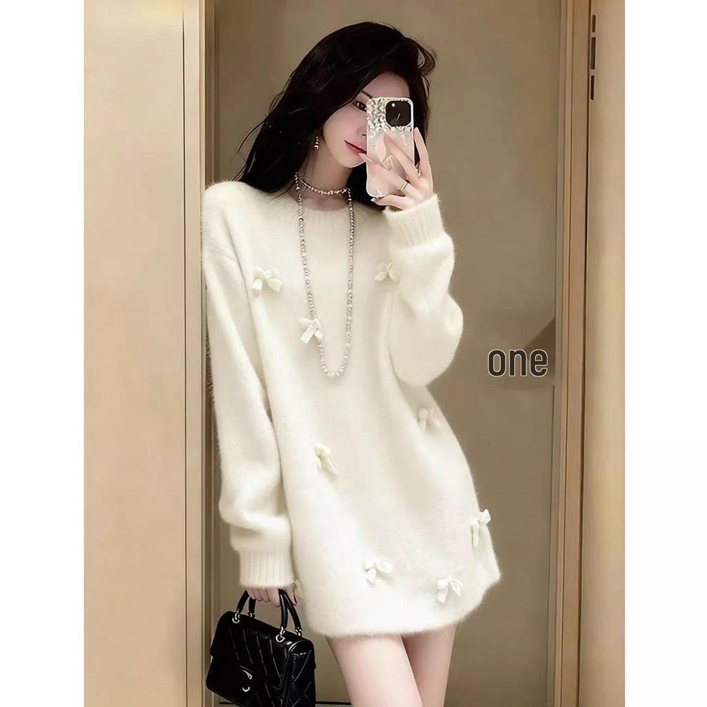 Women's Red Bow Knit Dress - Autumn/Winter Outerwear, Loose Fit, Mid-Length, Lazy Style Base Layer, Knitted Short Skirt