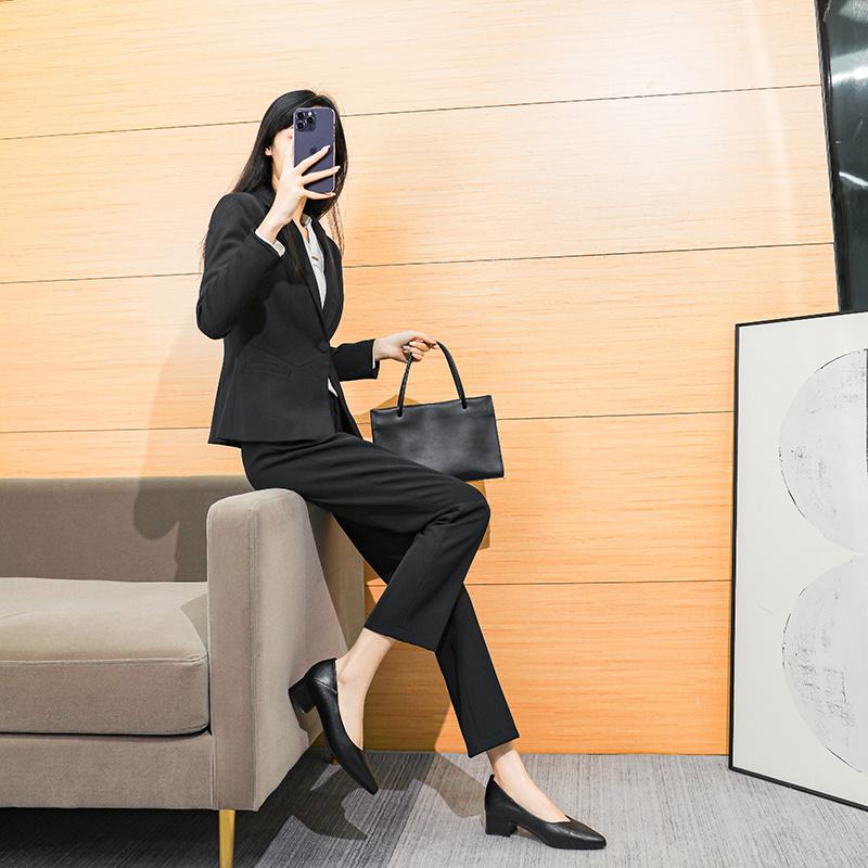Work Shoes Women's Black Medium Heel Soft Sole Thick Heel Leather Shoes Career Job Interview Hotel Soft Leather Tooling Comfortable Single Shoes