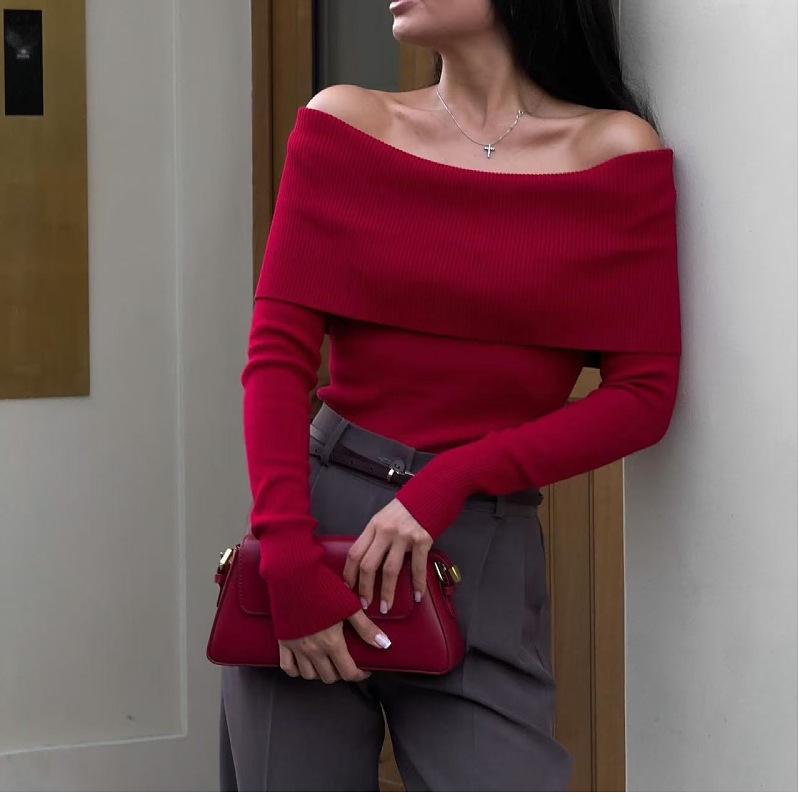 

Европейский и американский трикотажный топ с открытым плечом и облегающего кроя - Женский сексуальный пуловер S красный