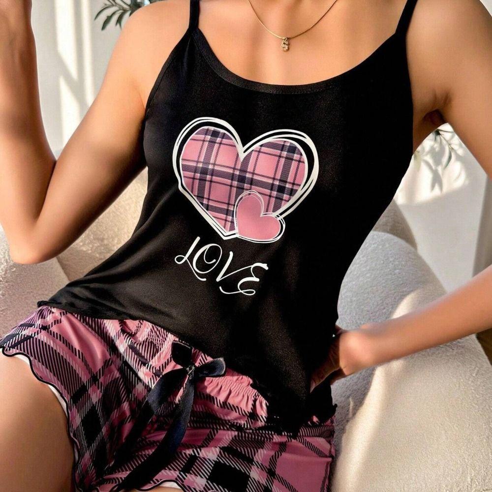 Homewear Women's Pajamas Set Love Heart Cami Shorts Pajamas Casual Two Piece Nightwear  Girl
