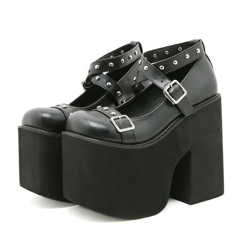 

Gdgydh Туфли на высоком каблуке в панк-стиле с черными заклепками и пряжкой, трендовые готические водонепроницаемые туфли на платформе, женская обувь на массивном каблуке с пряжкой-ремнем 39 чёрный