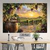 One 2D flat background of a vineyard at sunset, with wine barrels, the glow of the setting sun and grapevines - polyester