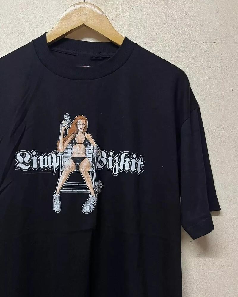

1998 Limp Bizkit #039Girl With Gun#039 Basic Black Unisex Tshirt Reprint S5XL Unisex T-Shirt XXXXL