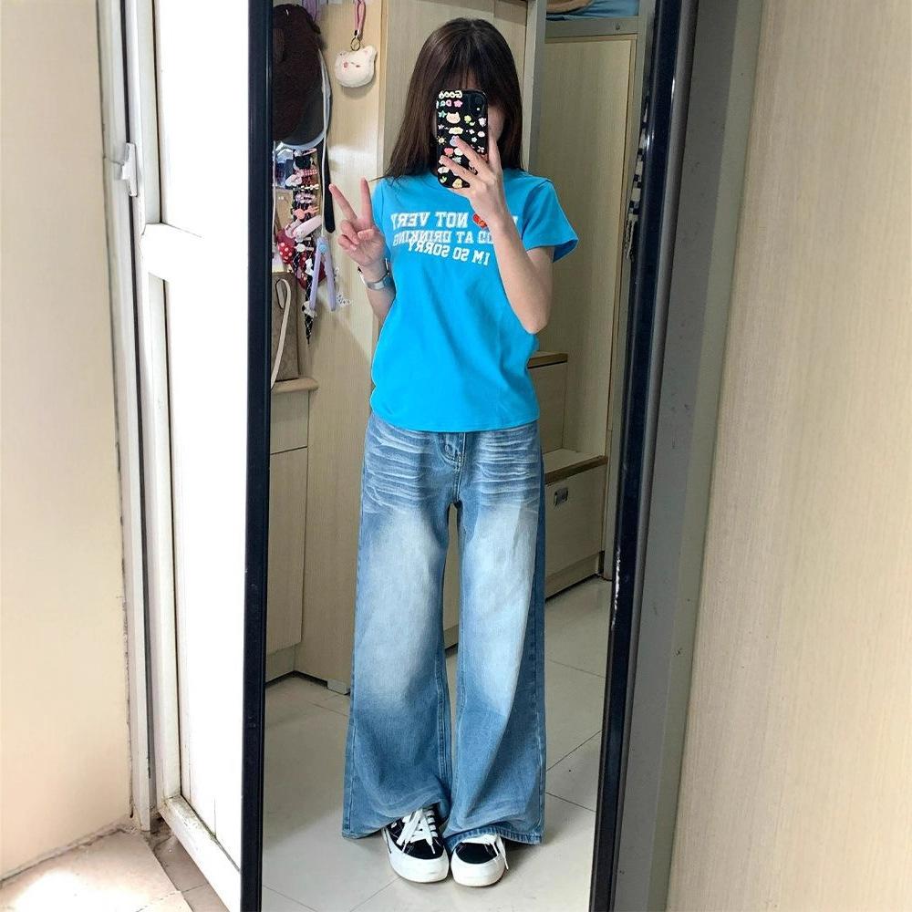 Wide-legged Crease Jeans Women Autumn Washed Loose Draping Retro High Waist Thin Straight Pants Retro Street Style Baggy Long Jeans for Ladies