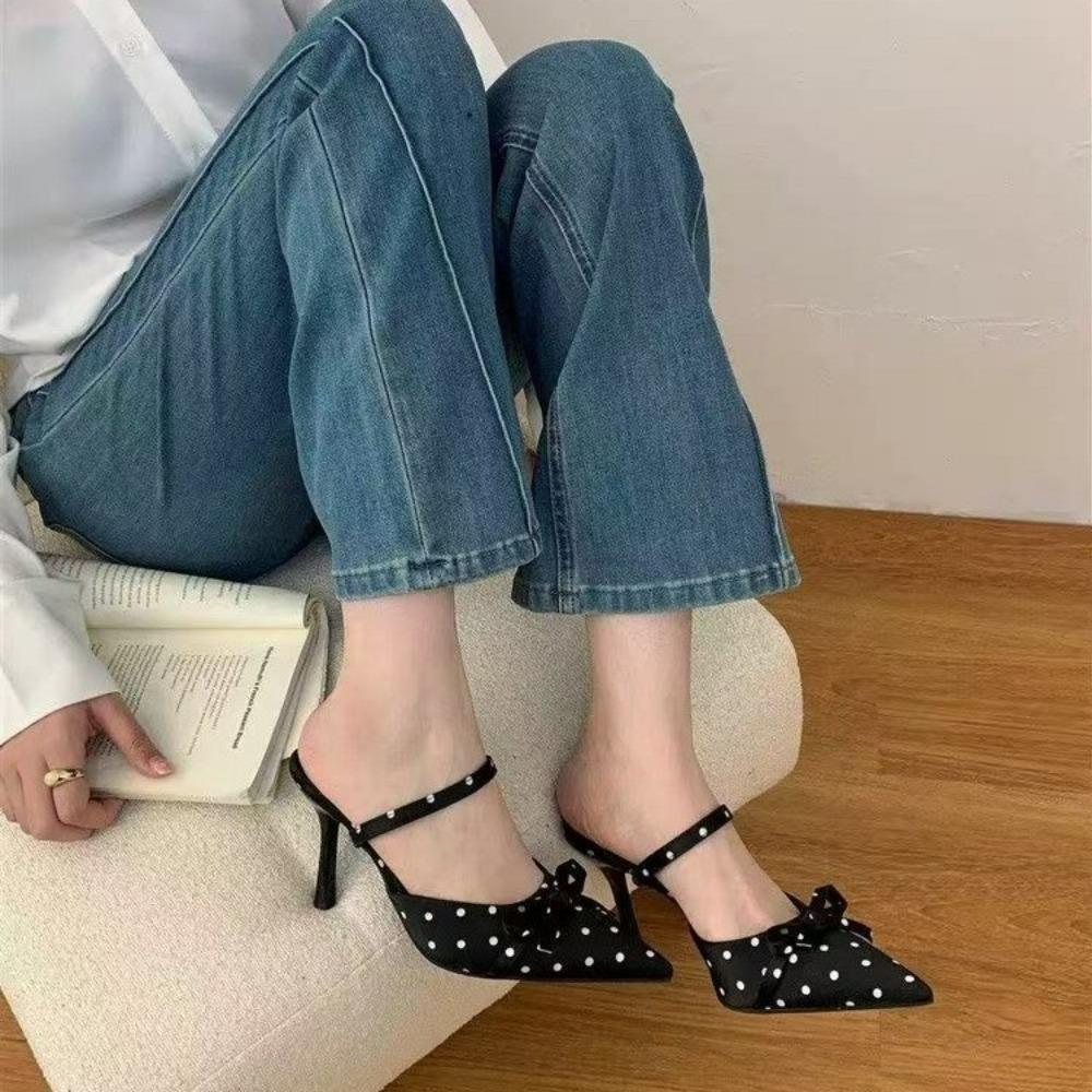 Neue Süße Polka Dot Spitz Hohe Absatzschuhe für Damen, Stiletto-Absatz mit Schleife und Riemchen-Sandale mit offenem Rücken und Zehen