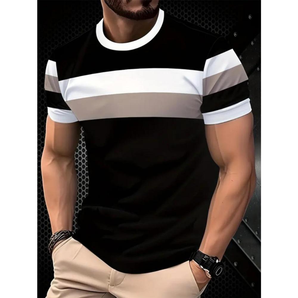 

Summer Men Short Sleeve Round Neck Spell Color T Shirt 100% Polyester High Elasticity Men Fitness Sport T Shirt 3XL