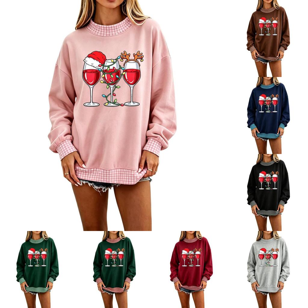 Women's Christmas Polka Dot Letter Print Pullover Sweatshirt Casual Color Block Top