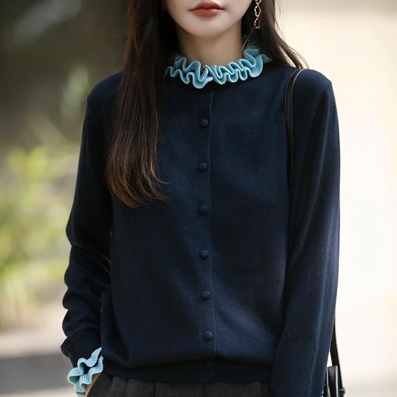 Women's Long Sleeve Knit Cardigan Ruffle Collar Sweet Knit Sweater Color Block Single Breasted Top