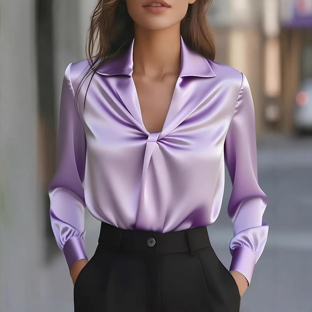 Women's Autumn Fashion Solid Satin Pleated Long Sleeve Shirt