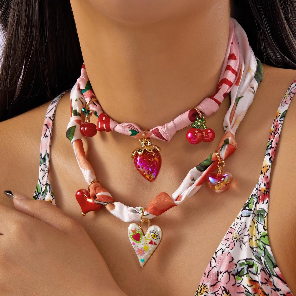 Bohemian Scarf Sun Flower Leopard Necklace for Women Elegant Cherry Strawberry Fabric Layered Necklace Friendship Jewelry Gift