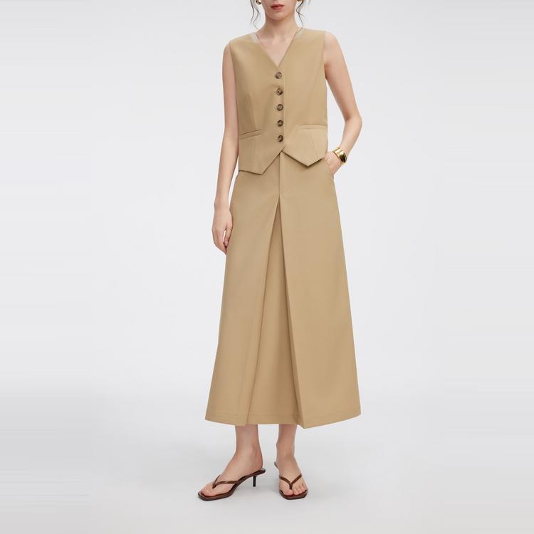 ELLE French Style Split Solid Color High Waist Midi A-Line Skirt Wool Casual Long Skirt Women skirts Light-Khaki ER50571