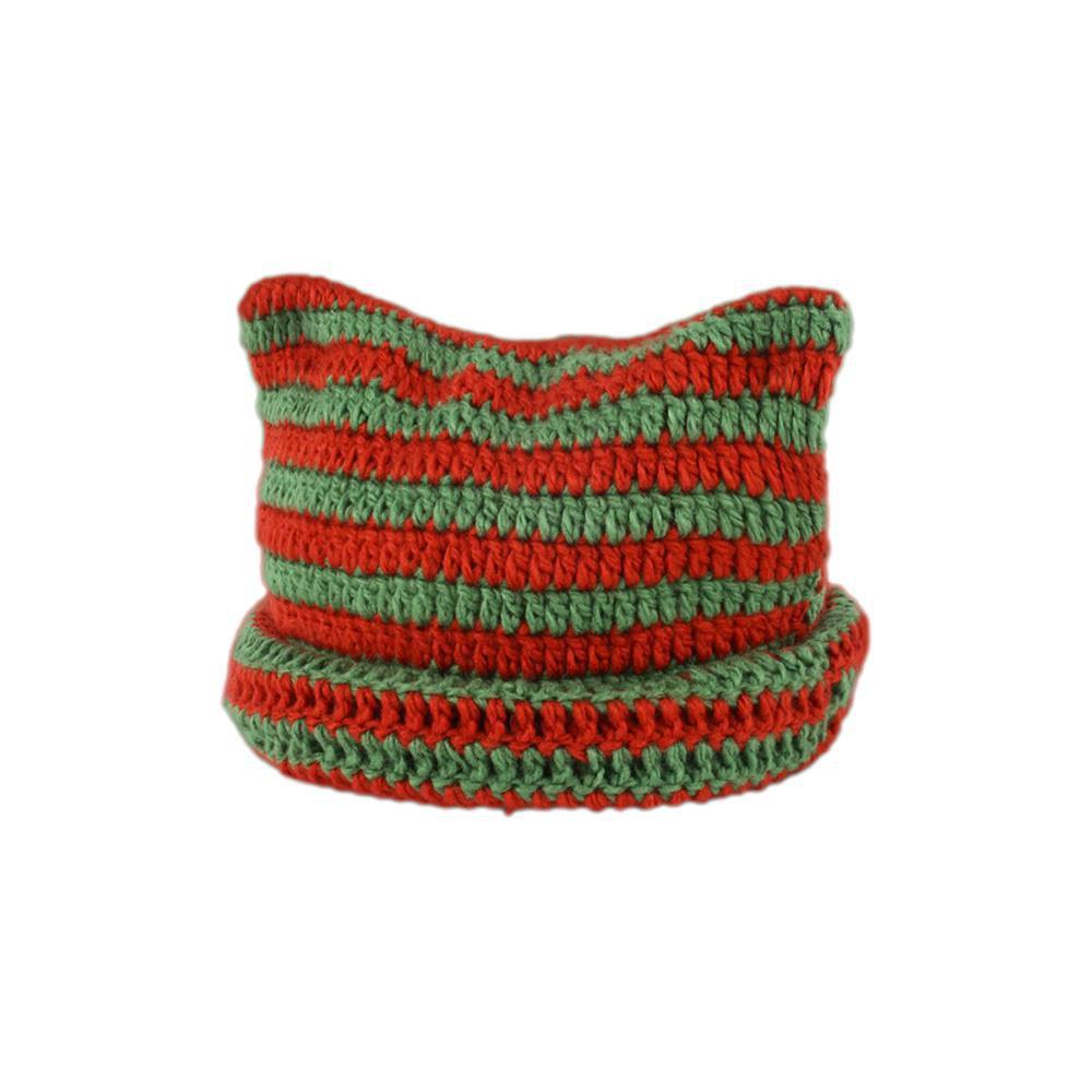 Gestreifte Strickmütze, gehäkelt, süße Katzenohren, Beanie-Mütze für Damen und Mädchen, modisch