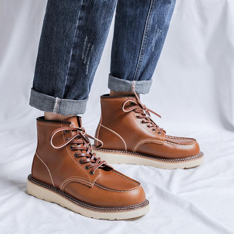 

мужская роскошная мода ботинки из натуральной кожи коричневые туфли на платформе для улицы рабочие ковбойские ботинки весна осень до щиколотки боты мужские 270 коричневый