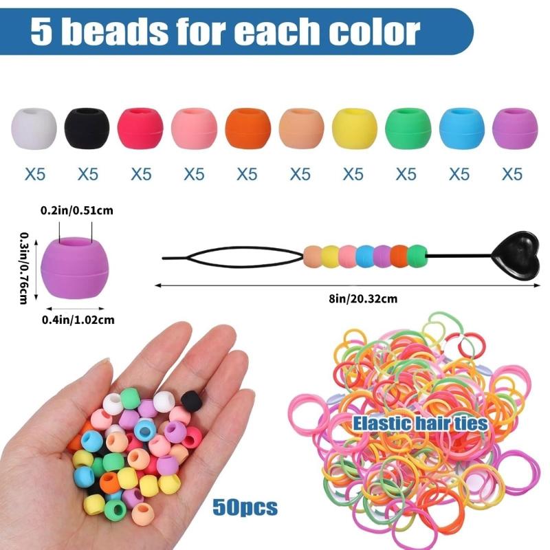 50pcs Mix Colors Silicone Hair Beads for Braids with Rubber Bands and Beader for Braiding DIY Bracelets Necklace Crafts
