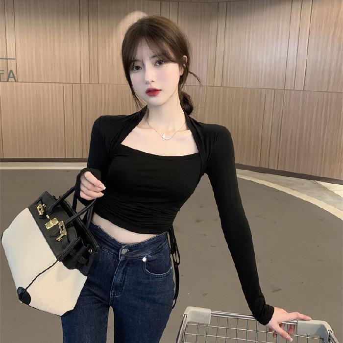 Elegant Square Collar Coffee Slim Fit Long Sleeve Top for Women - Trendy Drawstring Design for Spring & Autumn.