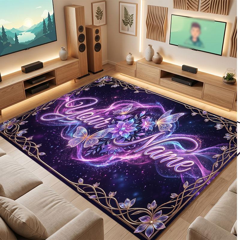 Alfombra de Piso de Terciopelo de Cristal con Tema de Jardín Floral Alfombra Cálida con Texto de Nombre Personalizado Decoración del Hogar