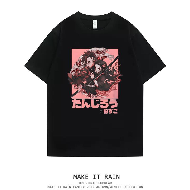 Ghost Exterminating Blade Two Dimensional Animation Peripheral Fun Men's and Women's Crew Neck Retro T-Shirt Summer Clothing