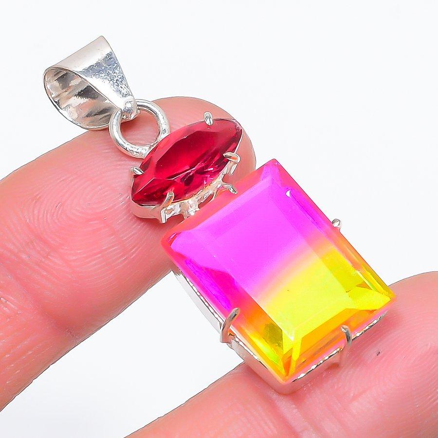 

Natural Bi-Color Tourmaline, Rubillite 925 Sterling Silver Pendant 1.77 h6W81